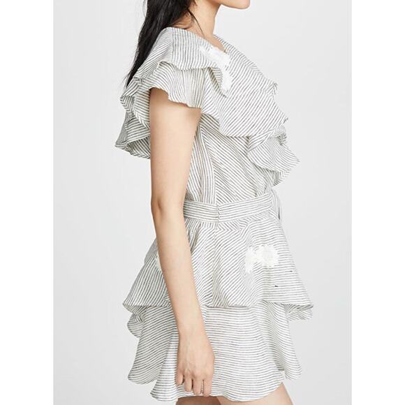 Innika Choo Striped Ruffle Mini Dress OS Linen Floral Embroidery Sailor Wrap - Picture 13 of 16